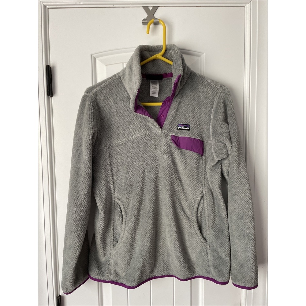 Women's PATAGONIA ReTool Gray & Purple SNAP T Fleece Pullover Jacket‎ sz M